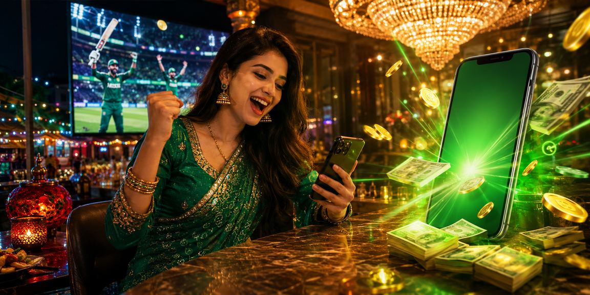 A user in red-and-green attire enjoying richbd cricket betting bonuses in Rangpur
